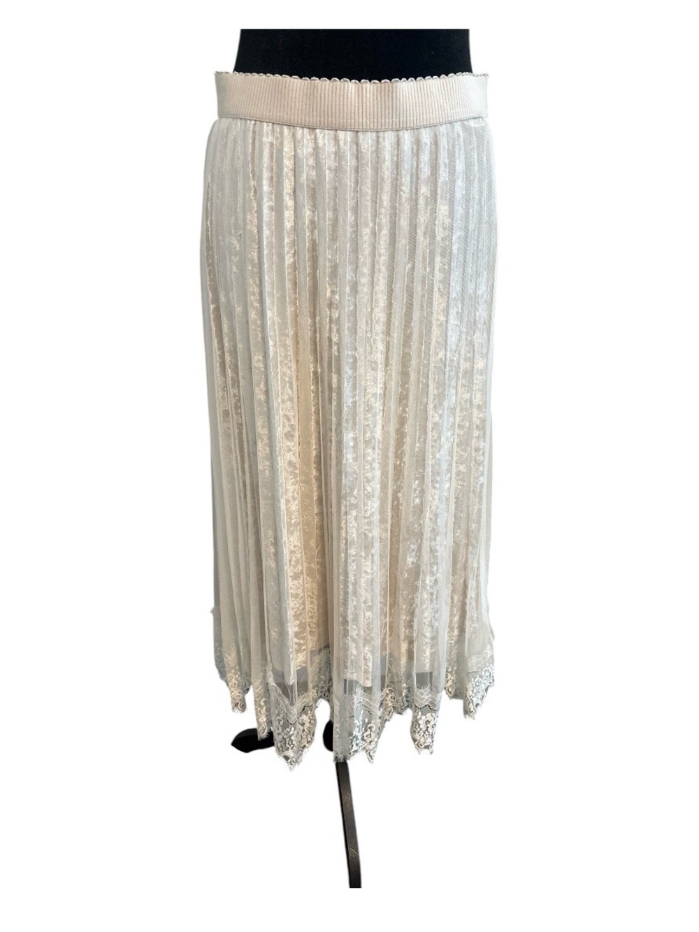 Ivory Velvet Lace Pleated Midi Skirt XL Romantic Cottagecore